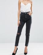Asos Farleigh High Waist Slim Mom Jeans In Washed Black With Busted Kn