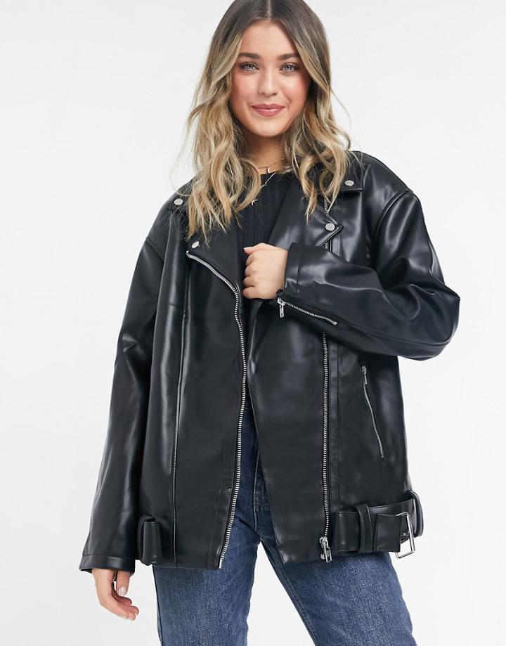 Asos Design Longline Oversized Leather Look Biker Jacket In Black