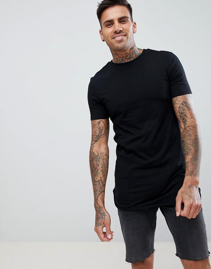 Asos Design Longline Muscle Fit T-shirt With Bound Curved Hem In Black - Black