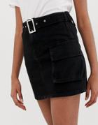 Asos Design Denim Belted Mini Skirt With Pocket Detail - Black