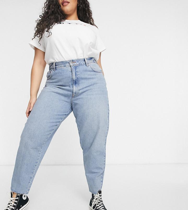 Asos Design Curve High Rise Balloon Boyfriend Jeans In Lightwash-blue