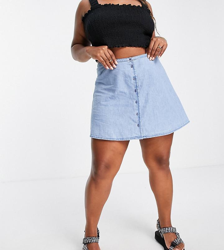 Asos Design Curve Soft Denim Button Through Skirt In Midwash-blues