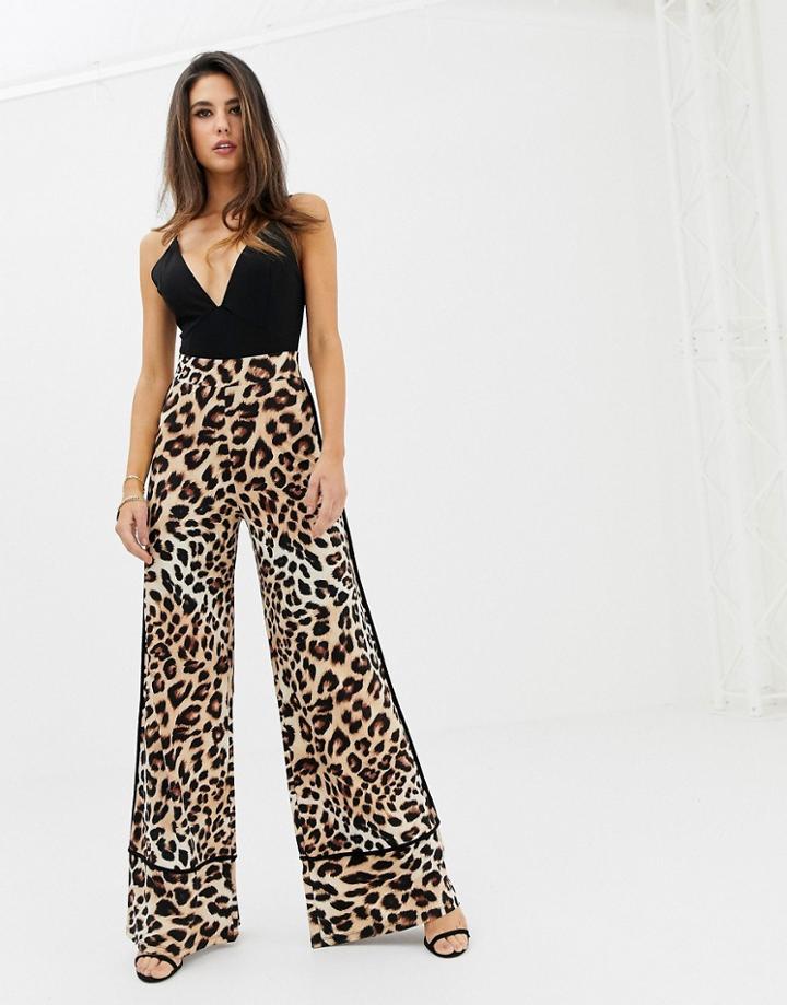 Asos Design Wide Leg Pants With Contrast Binding In Leopard Print - Multi