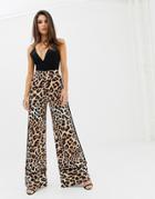 Asos Design Wide Leg Pants With Contrast Binding In Leopard Print - Multi
