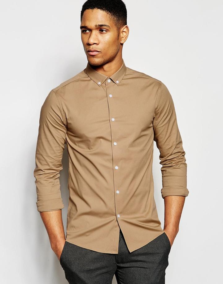 Asos Skinny Shirt In Camel With Button Down Collar And Long Sleeves - Camel