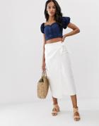 Asos Design Denim Wrap Tie Front Midi Skirt In Off White - White