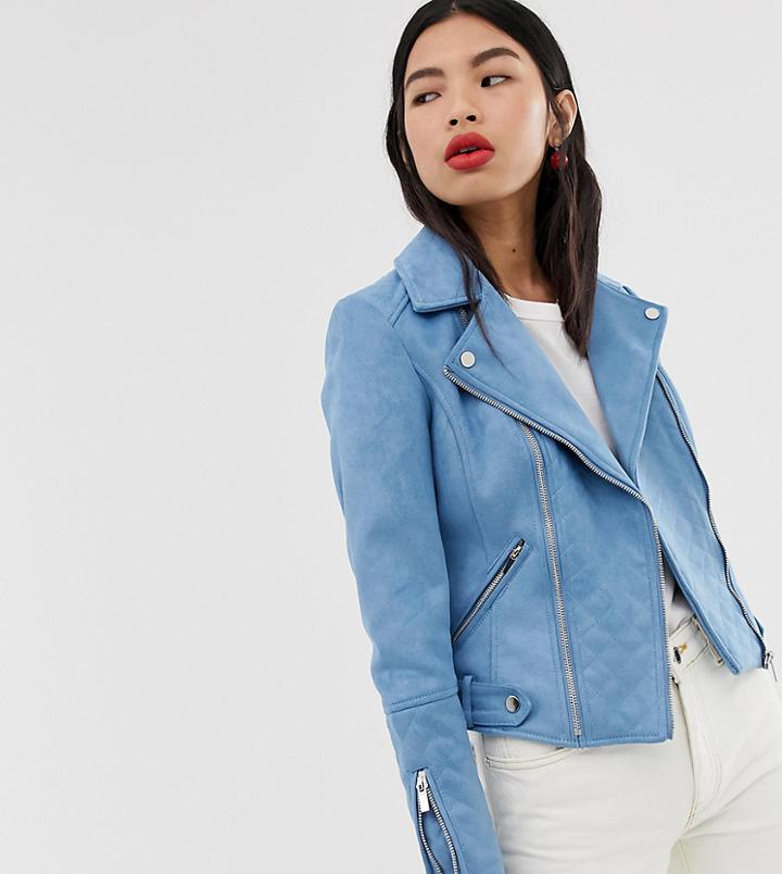 River Island Faux Suede Biker Jacket In Blue - Blue