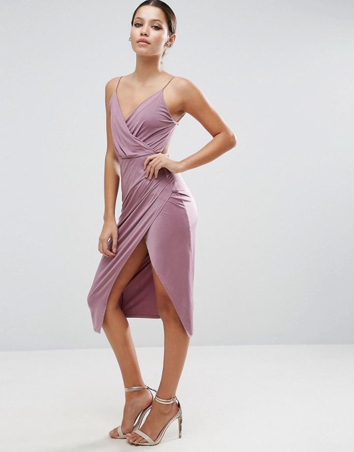 Asos Slinky Midi Dress With Wrap Skirt - Purple