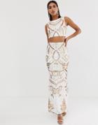 Goddiva High A Line Maxi Skirt In White And Gold-multi