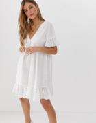 Asos Design V Front V Back Smock Mini Dress With Pep Hem In Broderie-white