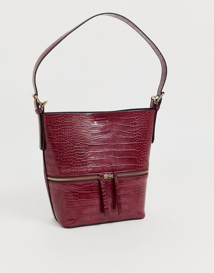 Asos Design Bucket Bag In Croc With Zip Detail - Purple