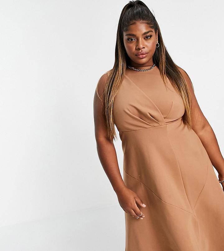 Closet London Plus Fluted Hem Midi Dress In Camel-brown