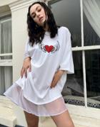 Milk It Vintage T-shirt Dress With Organza Hem And Graphic Heart Print-white