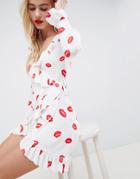 Asos Design Mini Wrap Dress With Frill Detail In Lip Print - Multi