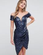 Tfnc Off Shoulder Wrap Dress In Sequin - Navy