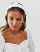 Asos Design Headband With Knot With Pearl Embellishment-cream