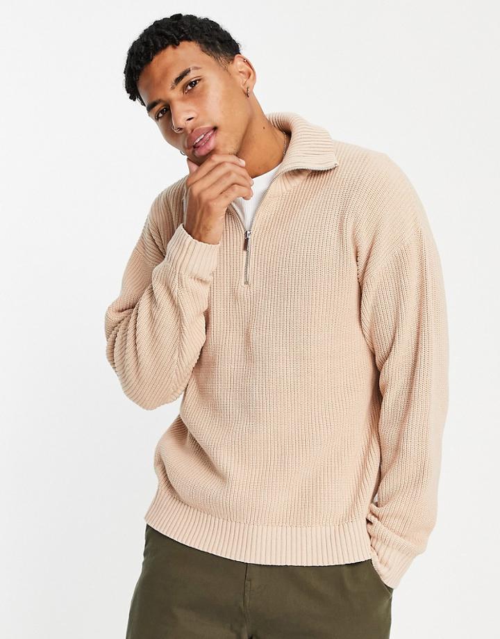 Topman Oversized Knitted Funnel Neck Sweater In Stone-neutral