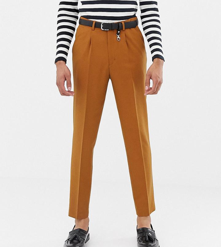 Asos Design Tall Heavyweight Tapered Crop Smart Pants With Pleats In Camel-beige
