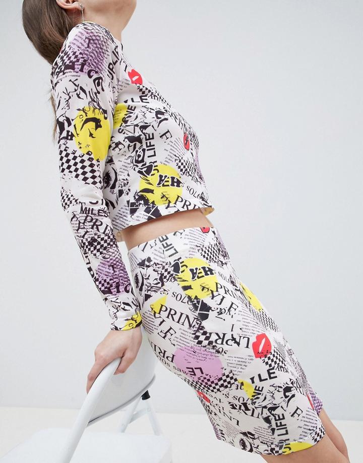 Asos Design Knitted Mini Skirt With Newspaper Print - Multi