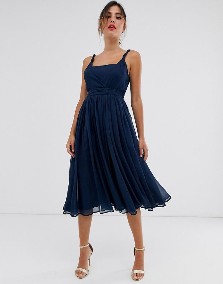 Asos Design Soft Chiffon Square Neck Midi Prom Dress With Twist Strap-navy