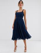 Asos Design Soft Chiffon Square Neck Midi Prom Dress With Twist Strap-navy