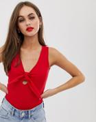 Brave Soul Ribbed Tie Front Body In Red - Red