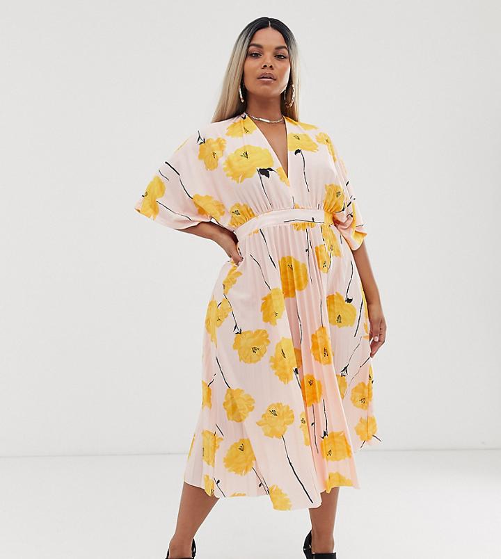 Asos Design Curve Poppy Printed Kimono Pleated Midi Dress - Multi