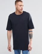 Adpt Crew Neck Longline T-shirt In Pique Fabric - Dark Navy