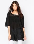 B.young Cheesecloth Top With Embriodered Detail - Black