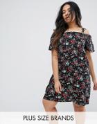 Yumi Plus Dress With Cold Shoulder In Floral Print - Black