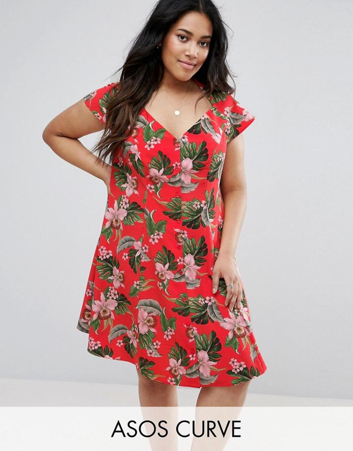 Asos Curve Button Through Tea Dress In Tropical Print - Multi