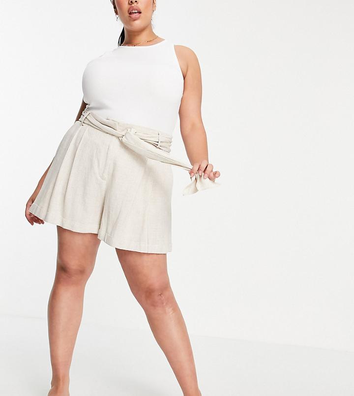 Asos Design Curve Tie Waist Suit Linen Shorts Stone-neutral