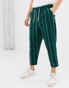 Asos Design Drop Crotch Tapered Smart Trousers In Green Stripe Waffle - Green