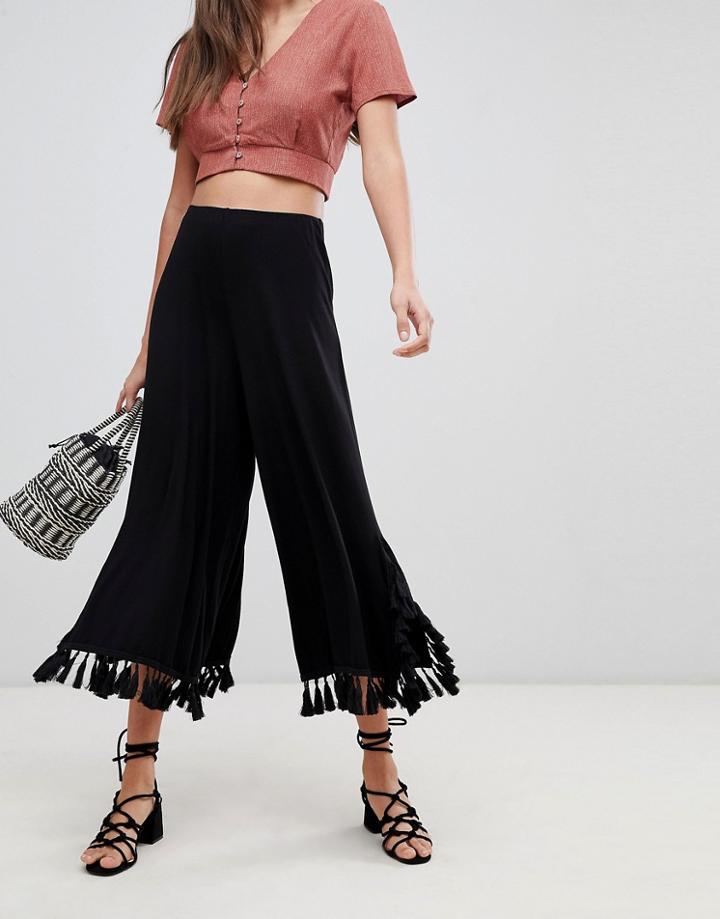 Asos Design Cropped Wide Leg Pants With Large Tassel Hem - Black