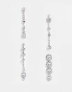 Asos Design Pack Of 4 Mixed Drop Earrings In Crystal Design In Silver Tone