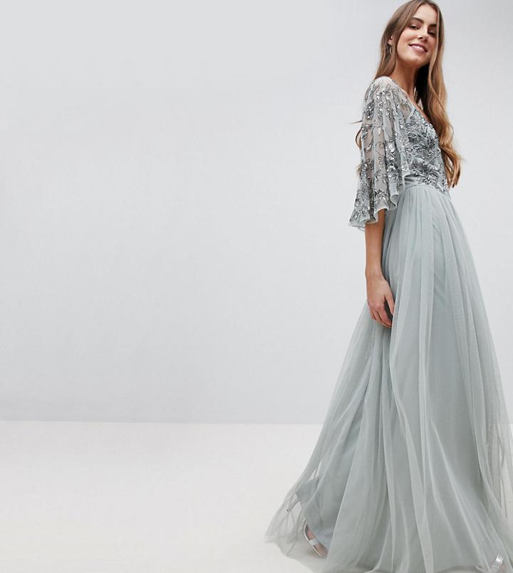 Maya Tall Sequin Cape Tulle Skirt Maxi Bridesmaid Dress - Green