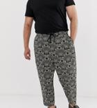 Asos Design Plus Drop Crotch Tapered Smart Pants In Green Floral Jacquard With Drawcord Waist - Green