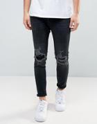 Pull & Bear Skinny Fit Jeans With Rip And Repair Detail In Black - Black