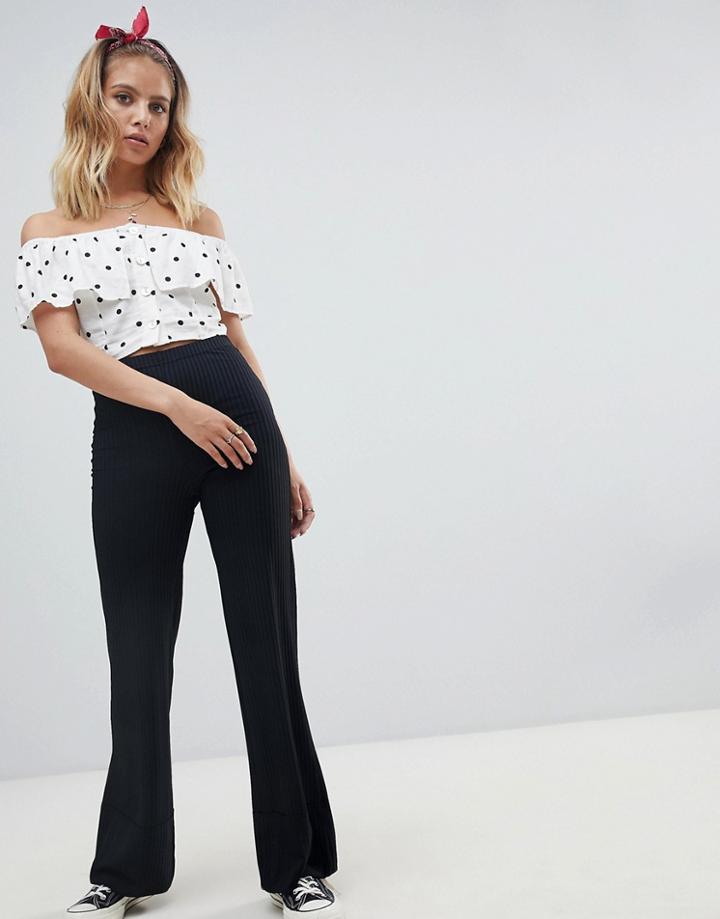 Nobody's Child Ribbed Wide Leg Pants With Fold Up Hem - Black