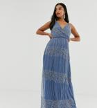 Asos Design Petite Wrap Bodice Maxi Dress In Linear And Floral Embellishment-multi