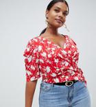 Asos Design Curve Top With Puff Sleeve And Wrap Detail In Red Base Floral - Multi
