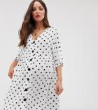Asos Design Maternity V Neck Button Through Mini Smock Dress In Mono Spot-multi