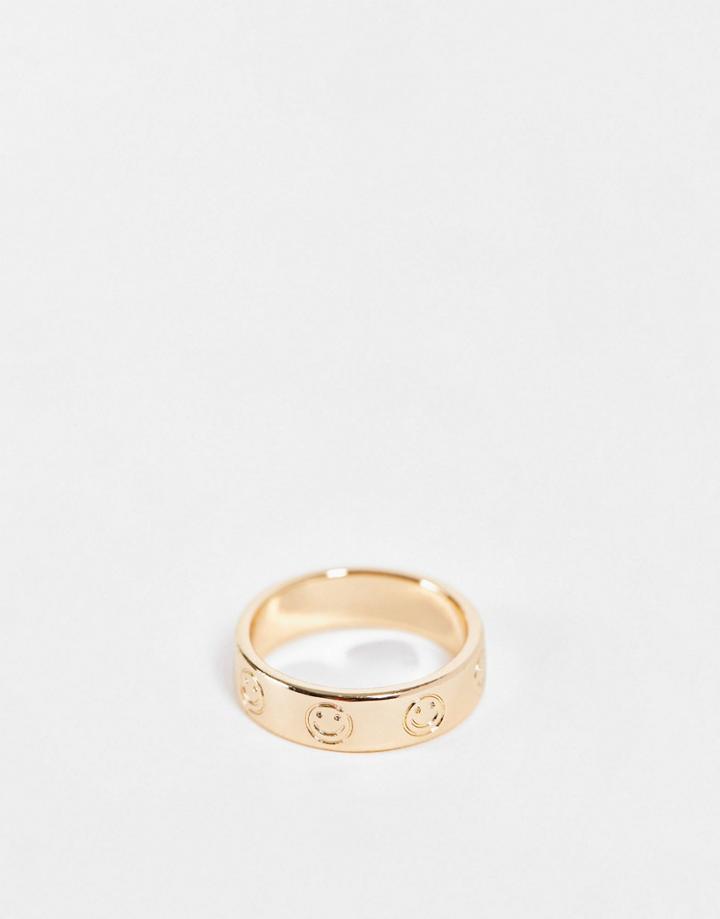 Asos Design Ring With Happy Face Design In Gold Tone