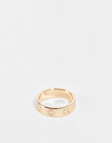 Asos Design Ring With Happy Face Design In Gold Tone