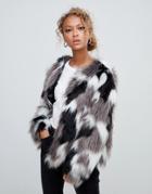 New Look Tonal Faux Fur Collarless Coat - Gray