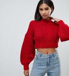 Missguided Balloon Sleeve Cable Knit Cropped Sweater In Red - Red