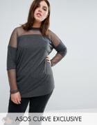Asos Curve Long Line Top In Rib With Airtex Inserts - Gray