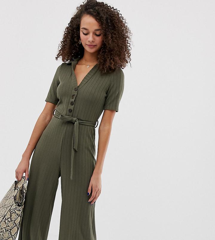 Miss Selfridge Khaki Rib Collar Jump-green