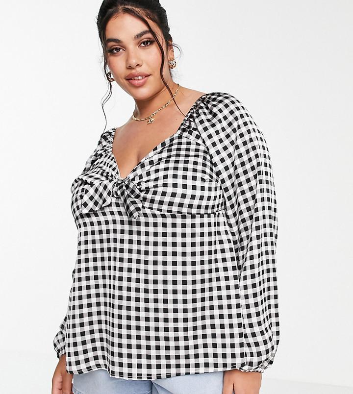 Simply Be Blouse With Bow Front In Black Gingham-multi