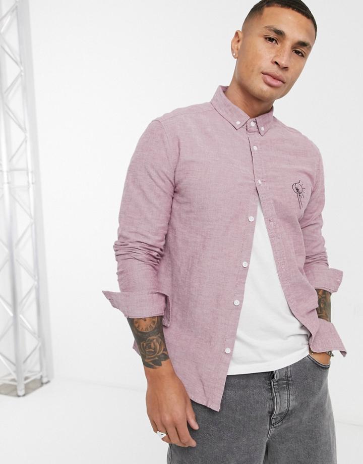 Asos Design Stretch Slim Oxford Shirt With Embroidery Chest Logo In Red